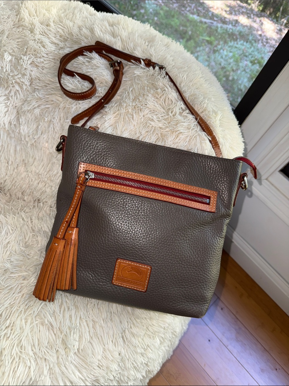 Dooney & Bourke Gray Elephant Pebbled Leather Crossbody with Brown Trim & Logo